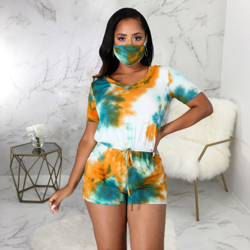 European and American sexy fashion digital printing short sleeve V-neck Jumpsuit