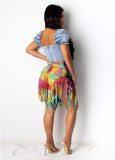 Personalized high-waisted distressed tie-dye jeans   shorts with frayed fringe edges