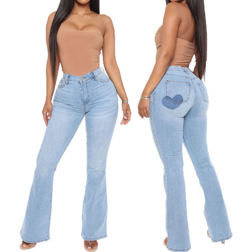 Trendy stitching washed jeans stretch slim flared pants