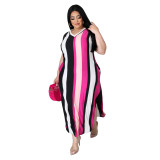 Sexy V-neck striped print short-sleeved irregular dress with slits