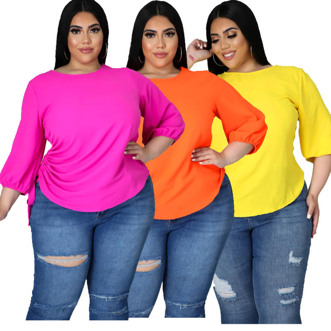 Large size solid color round neck ladies irregular long sleeve blouse T-shirt