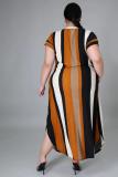 Sexy V-neck striped print short-sleeved irregular dress with slits