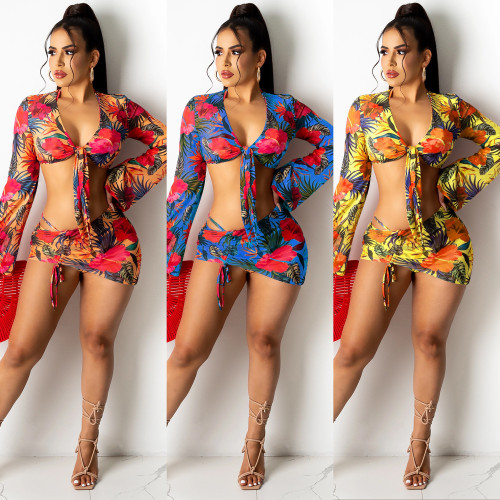 Sexy mesh see-through digital printing long-sleeved drawstring swimsuit four-piece suit