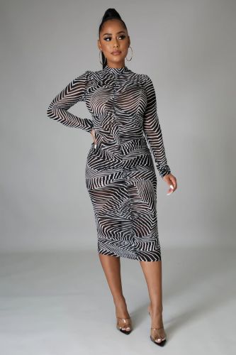 Fashion nightclub high stretch mesh printed dress
