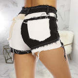 Trendy multicolor stitching bag hip stretch jeans shorts