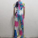 Fashion digital printing wide-leg stitching two-piece suit
