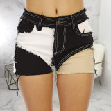 Trendy multicolor stitching bag hip stretch jeans shorts