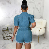 All-match casual jeans jumpsuit with belt