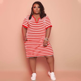 Plus size summer European and American women's striped V-neck dress