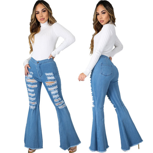 All-match ripped washed jeans stretch flared pants