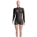 Fashion sexy net yarn perspective hot drilling shorts long-sleeved jumpsuit women