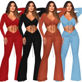 Threaded solid color pleated V-neck sexy two-piece trousers