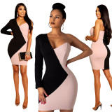 Stitching contrast color asymmetrical long-sleeved slim sexy hip dress