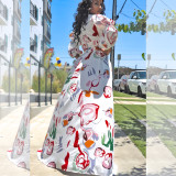 Fashion sexy bubble long-sleeved printed dress with slits, women's long mopping skirt