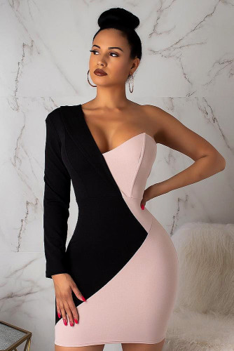 Stitching contrast color asymmetrical long-sleeved slim sexy hip dress