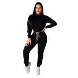 Casual sports solid color long-sleeved pullover blouse + drawstring trousers suit women