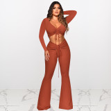 Threaded solid color pleated V-neck sexy two-piece trousers
