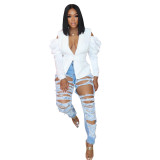 Fashion white European and American women's bubble long-sleeved off-shoulder suit jacket women