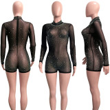 Fashion sexy net yarn perspective hot drilling shorts long-sleeved jumpsuit women