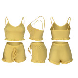 2021 summer new lotus leaf sling solid color ribbed two-piece set