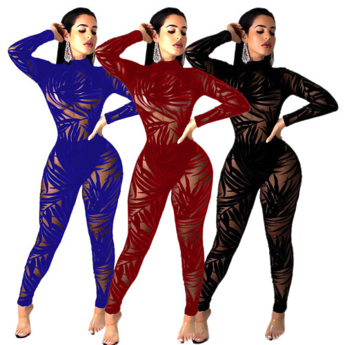 Mesh Long Sleeve Hollow Breathable Jumpsuit