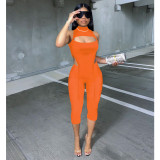 Sexy sleeveless half high neck cropped trousers two-piece solid color elastic suit