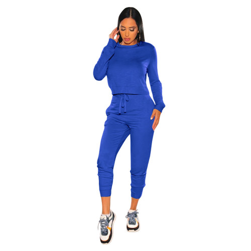 Casual sports solid color long-sleeved pullover blouse + drawstring trousers suit women