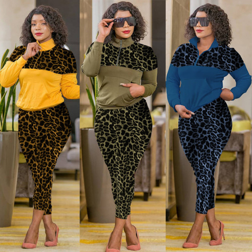 Fashion women's leopard print stitching sports and leisure trousers two-piece suit