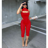 Sexy sleeveless half high neck cropped trousers two-piece solid color elastic suit