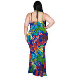 Loose fat lady dress with sling open back print