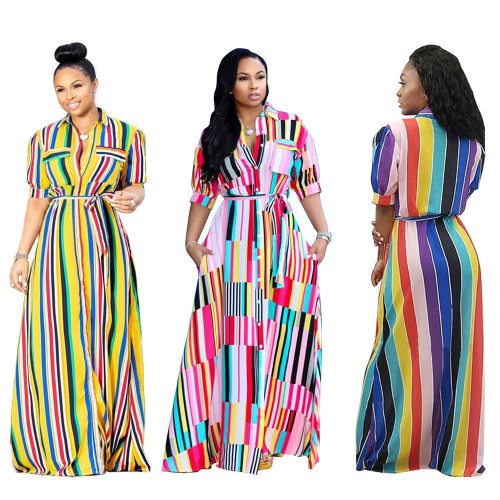 Women's casual color stripe printing long shirt dress in two colors