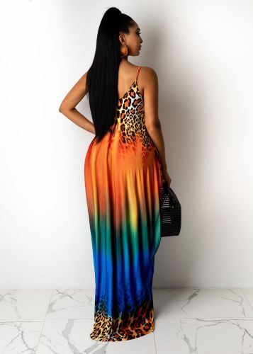 Summer leopard print loose strap dress long skirt with pockets