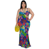 Loose fat lady dress with sling open back print