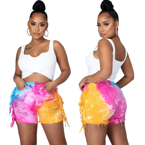 Fashion sexy ripped tie-dye multicolor trendy jeans shorts