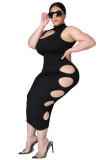 Large size women's irregular hole solid color dress