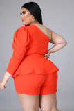 Plus size women's one-shoulder puff sleeve shorts two-piece suit