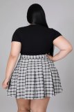 Plus size women's fashion drawstring T-shirt plaid pleated skirt two-piece suit