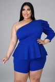 Plus size women's one-shoulder puff sleeve shorts two-piece suit