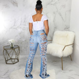 European and American sexy fashion wild trend ripped elastic slim flared jeans