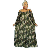 Polka dot camouflage print sling one shoulder plus size women's dress
