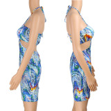 Sexy color watercolor printed halter neck strap fake two-piece swimsuit one-piece dress