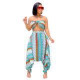 Fashion ins printed Tiffany blue wrapped chest big crotch pants two-piece suit