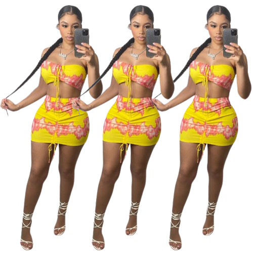 Fashion sexy yellow print strapless belly two-piece suit women