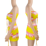 Fashion sexy yellow print strapless belly two-piece suit women