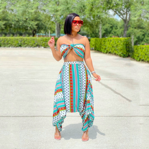 Fashion ins printed Tiffany blue wrapped chest big crotch pants two-piece suit