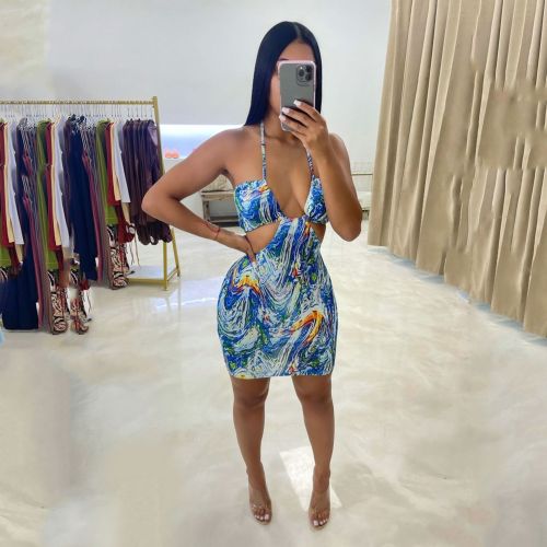 Sexy color watercolor printed halter neck strap fake two-piece swimsuit one-piece dress