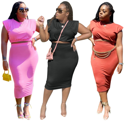 Plus size women's casual solid color shoulder pad sleeveless skirt skirt suit