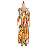 Orange geometric print casual waist mid-length sleeve open collar dress