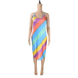 Fashion casual multicolor color stripe print suspender one-piece dress