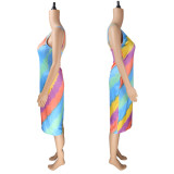 Fashion casual multicolor color stripe print suspender one-piece dress